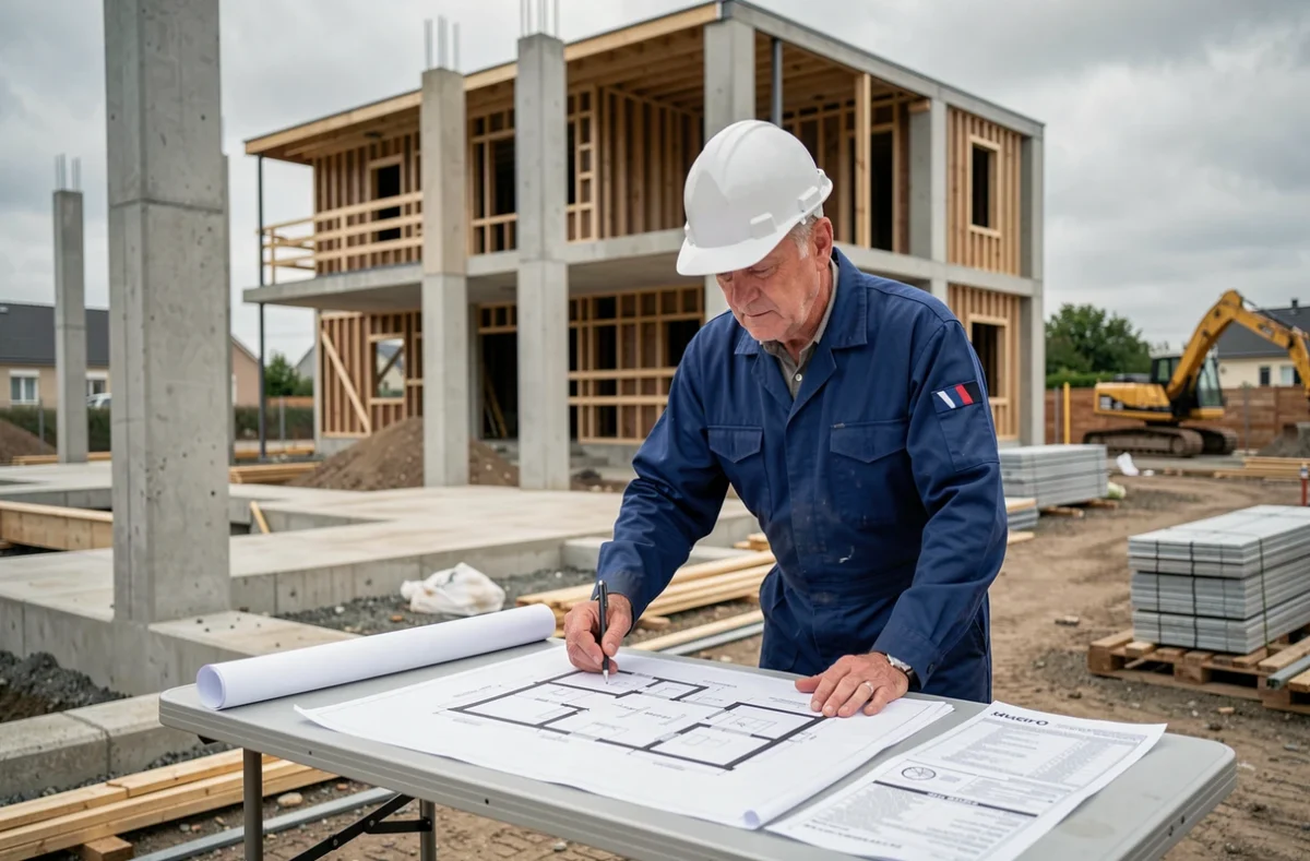 Chef de chantier de l'Entreprise Bienvenu consultant des plans architecturaux sur un site de construction en Seine-Saint-Denis
