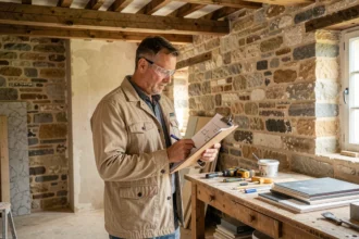 Artisan rénovateur examinant des plans dans une maison en pierre en cours de rénovation dans la Somme