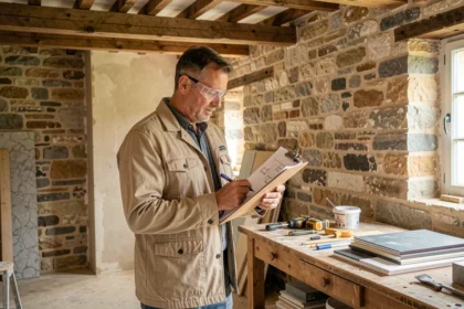 Artisan rénovateur examinant des plans dans une maison en pierre en cours de rénovation dans la Somme