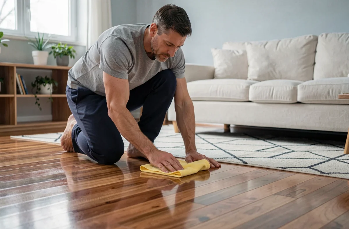 Homme appliquant un produit d'entretien POLILAR sur un parquet en bois dans un salon contemporain