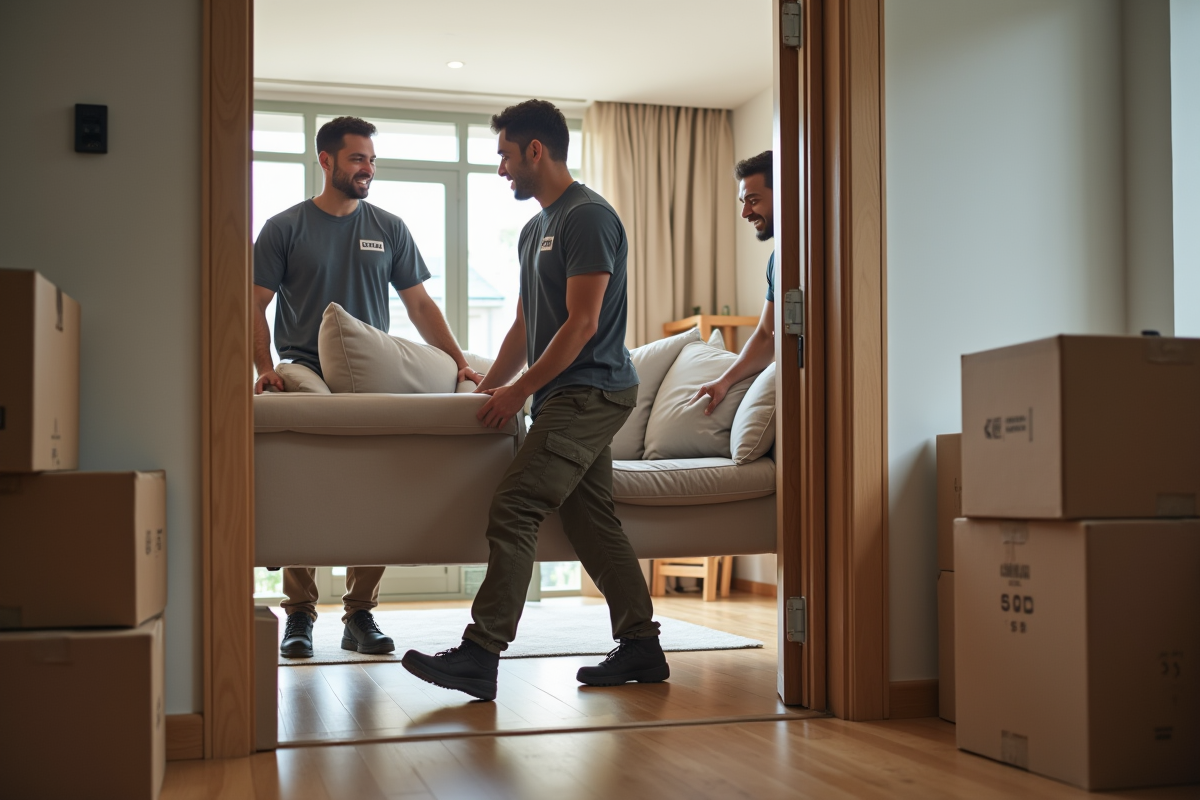 Equipe de monteurs de meubles portant uniformes dans un appartement moderne