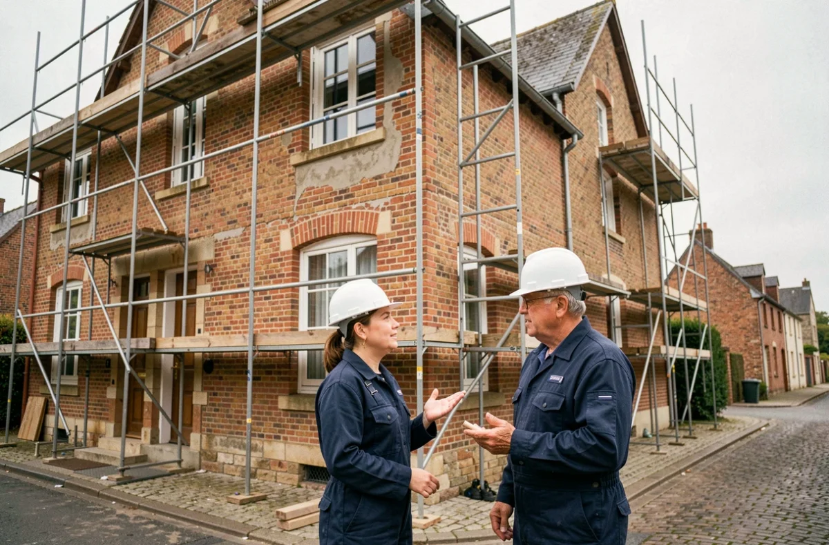Équipe de rénovation travaillant sur la façade en brique d'une maison picarde avec échafaudages dans la Somme