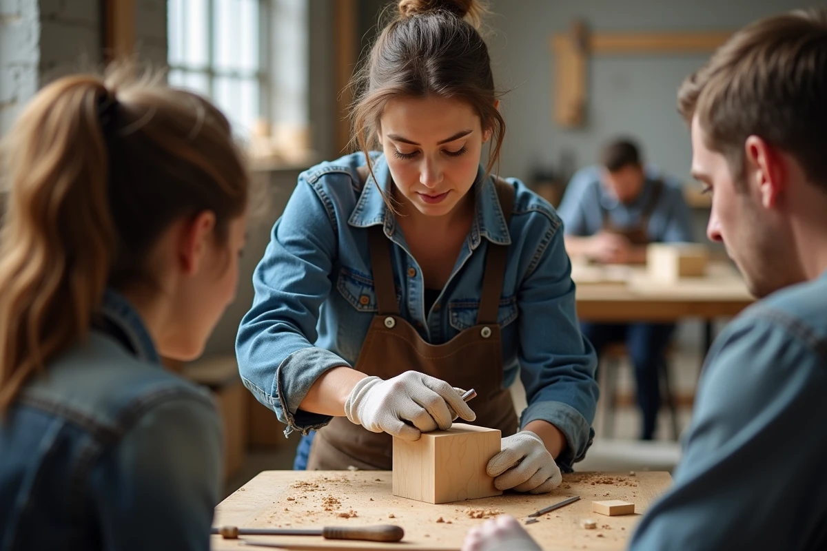 Instructrice en sculpture sur bois expliquant à des adultes les erreurs fréquentes d'angle lors de l'utilisation d'une gouge dans un atelier pédagogique