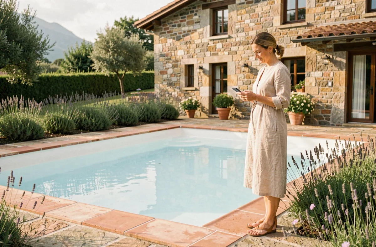 Piscine achevée par L'Esprit Piscine Haute-Savoie avec intérieur enduit blanc et margelles en pierre naturelle dans un jardin de préalpes