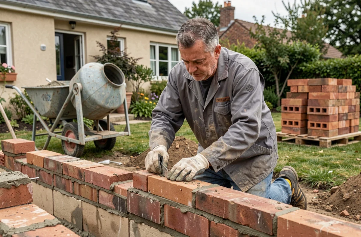 Maçon de l'EURL Banas posant des briques avec du mortier sur un chantier résidentiel en banlieue parisienne