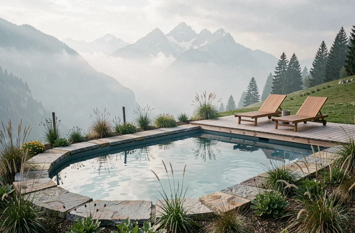 Piscine naturelle Everblue Haute-Savoie avec margelles en pierre irrégulière, plantes alpines et vue sur les montagnes