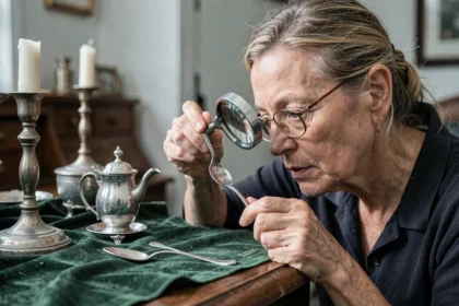Femme experte examinant un poinçon argent sur une cuillère ancienne avec une loupe sur un bureau d'antiquaire