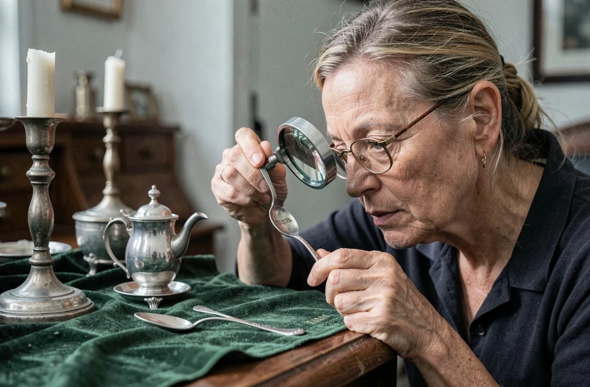 Femme experte examinant un poinçon argent sur une cuillère ancienne avec une loupe sur un bureau d'antiquaire