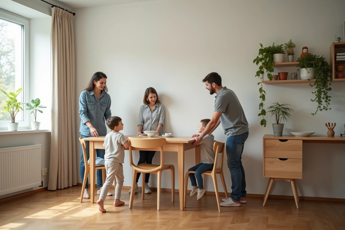 Famille pliant une table à manger dans un appartement lumineux