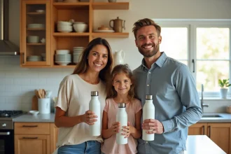 Famille souriante dans la cuisine lumineuse avec bouteilles réutilisables