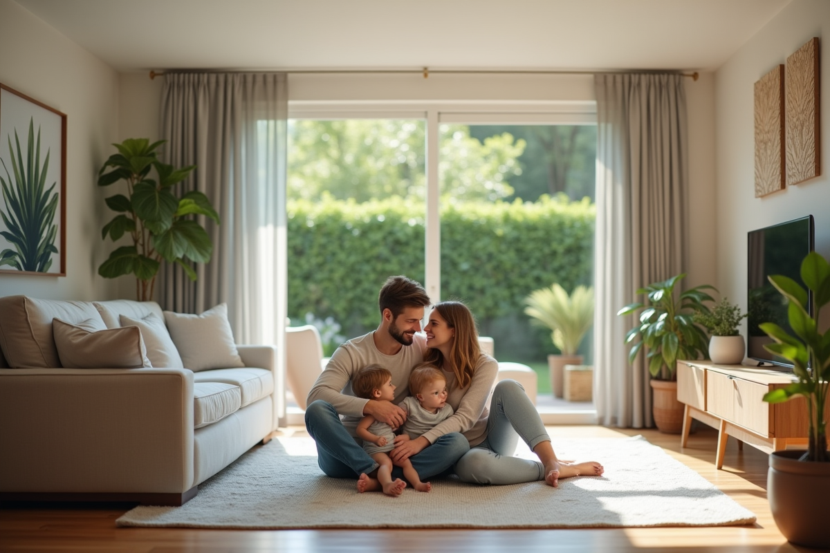 Famille avec enfants dans le salon lumineux de la maison