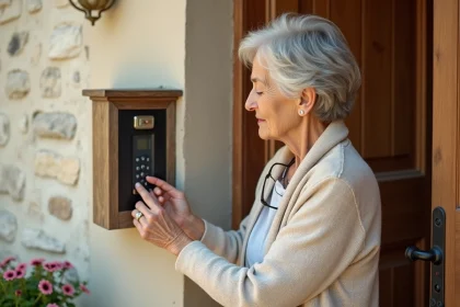 Femme âgée utilisant une boîte à clé à code fixée près d'une porte d'entrée en bois