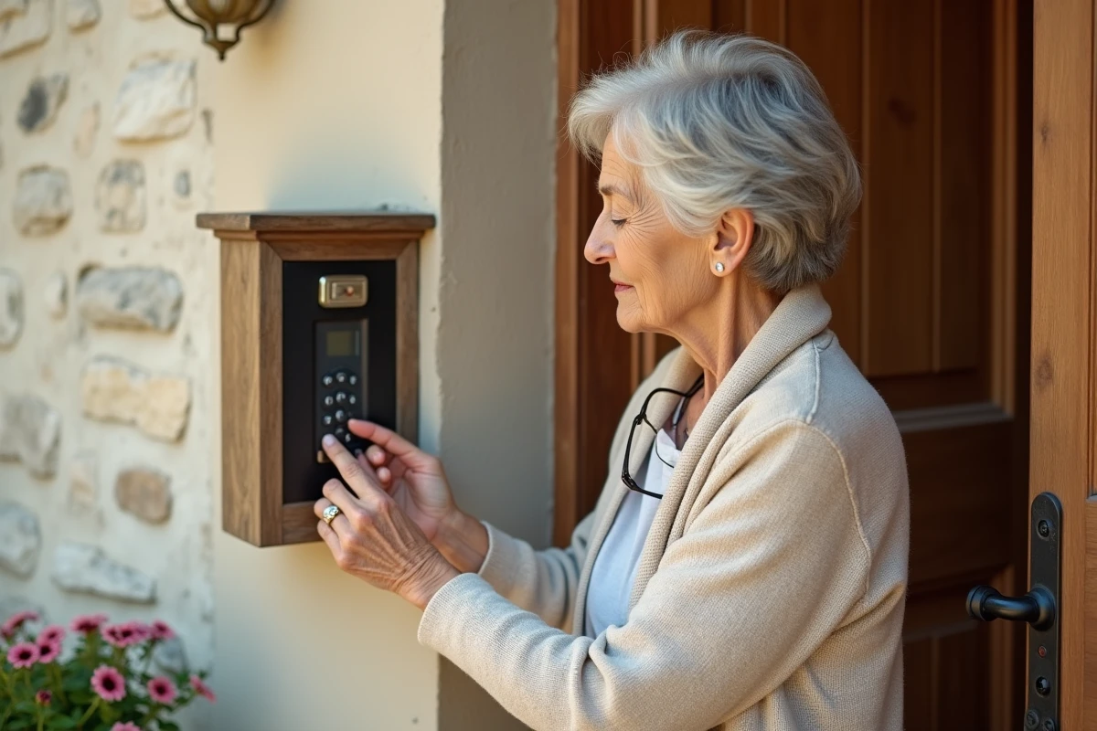 Femme âgée utilisant une boîte à clé à code fixée près d'une porte d'entrée en bois