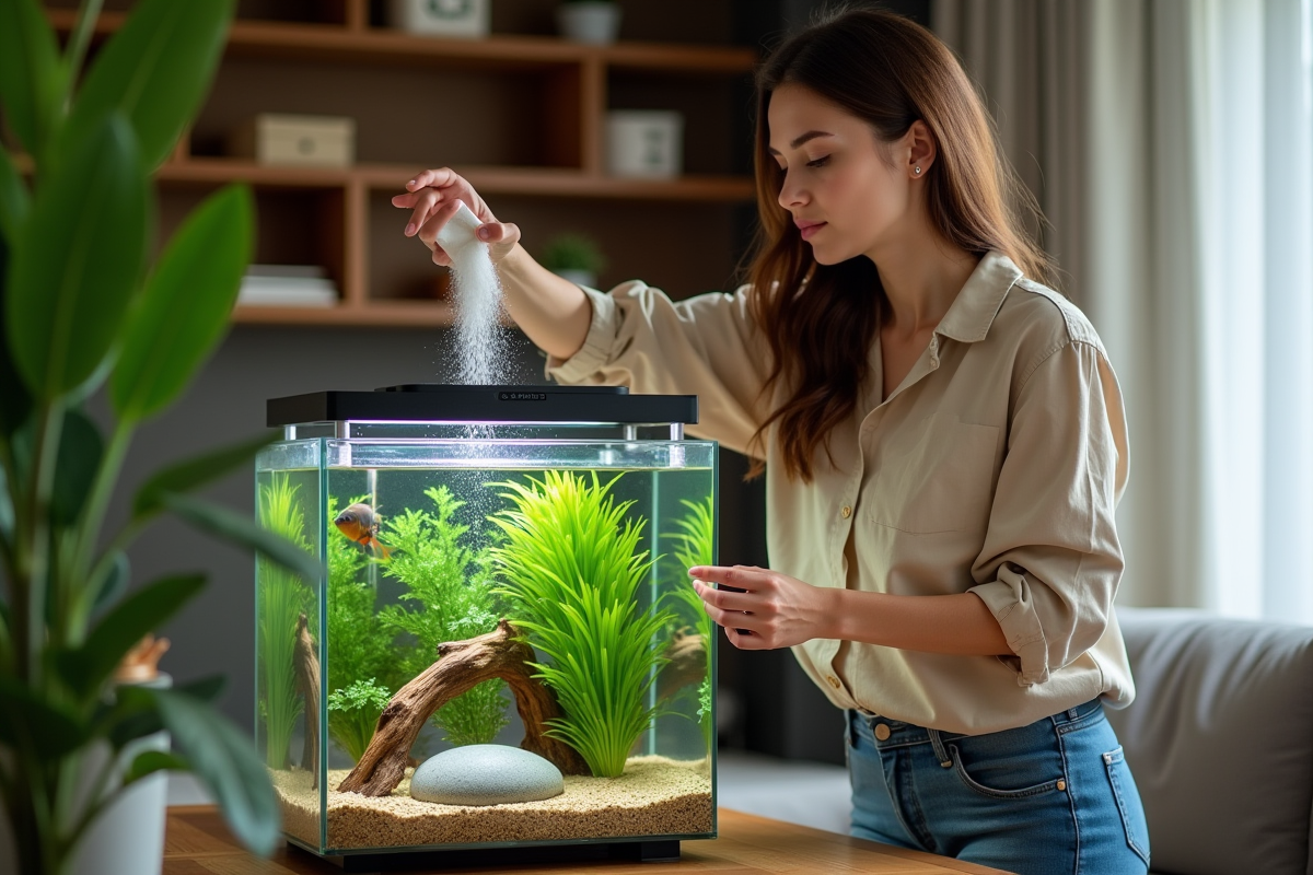 Femme versant bicarbonate dans un aquarium d'intérieur