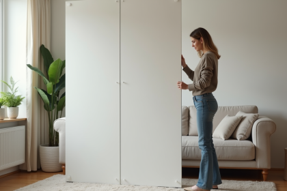 Femme ajustant un separateur moderne dans un salon cosy