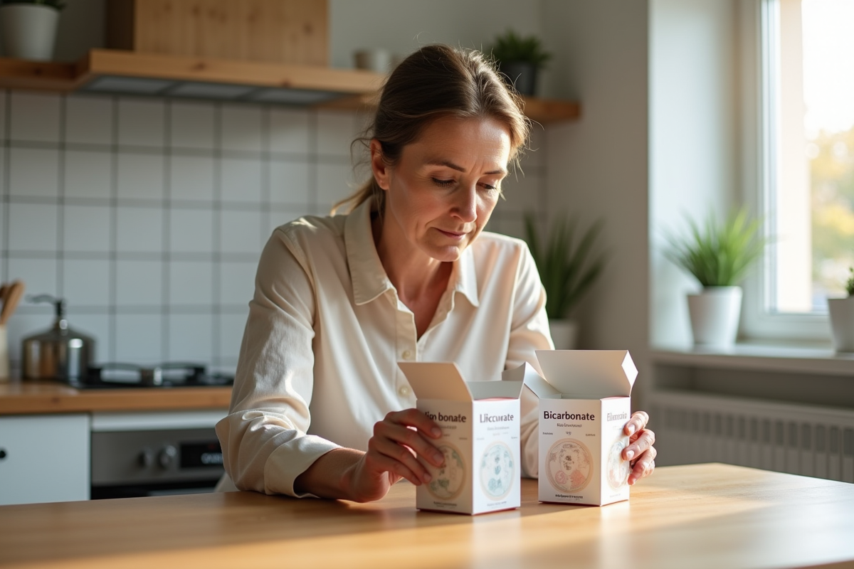 Femme comparant bicarbonate de soude et alimentaire dans la cuisine