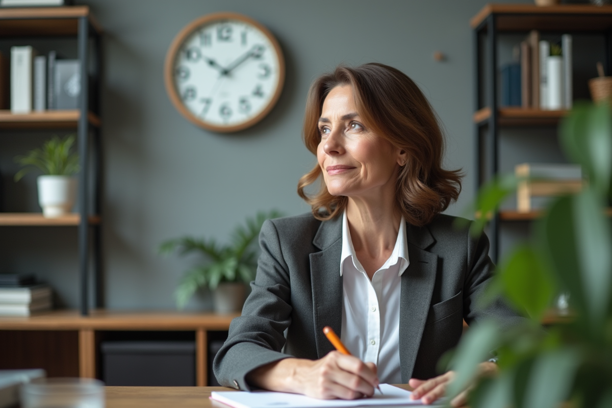 Femme d'âge moyen dans un bureau regardant une horloge murale
