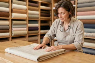 Femme examinant un tissu coton enduit dans une mercerie artisanale, texture brillante visible au toucher
