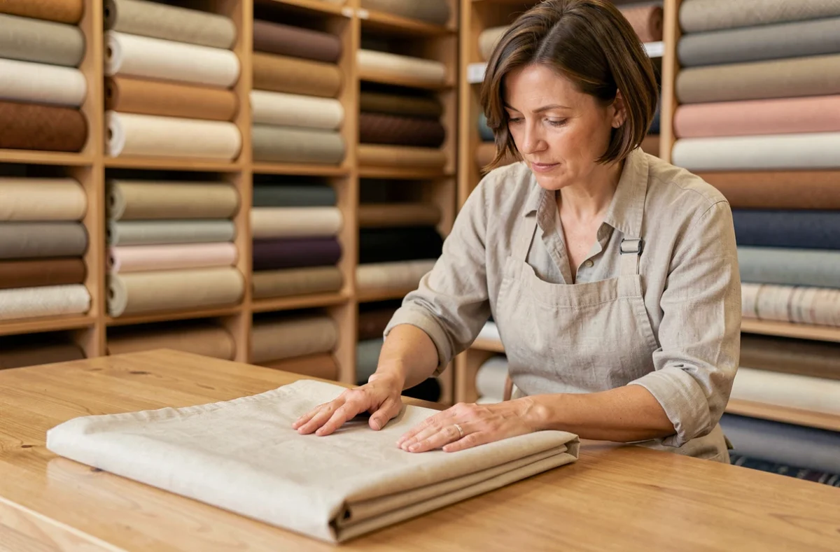 Femme examinant un tissu coton enduit dans une mercerie artisanale, texture brillante visible au toucher