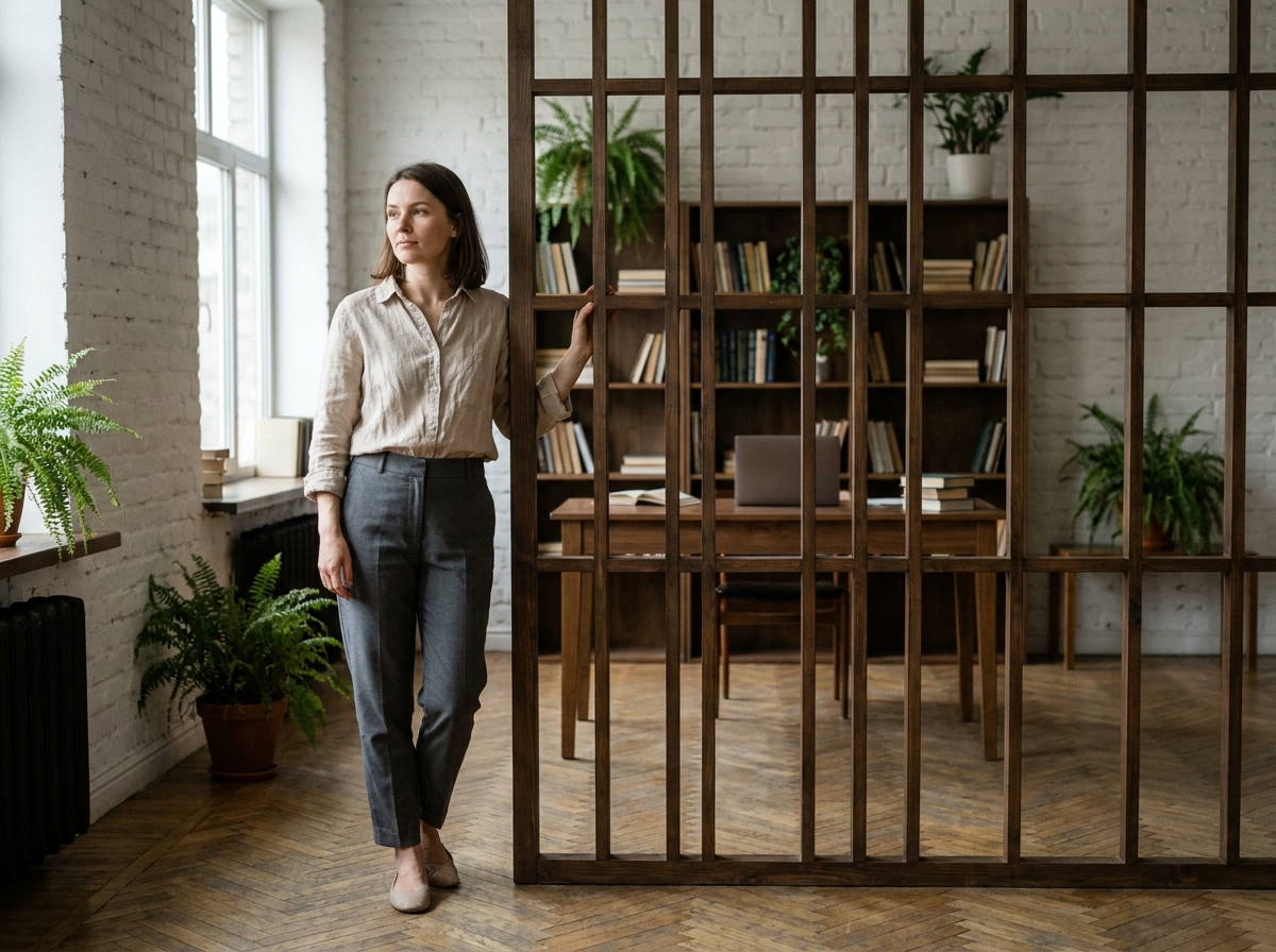 Femme debout près d'un claustra en bois dans un bureau à domicile au style naturel et chaleureux