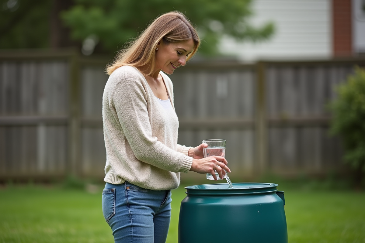 Femme remplissant un baril d'eau de pluie dans son jardin