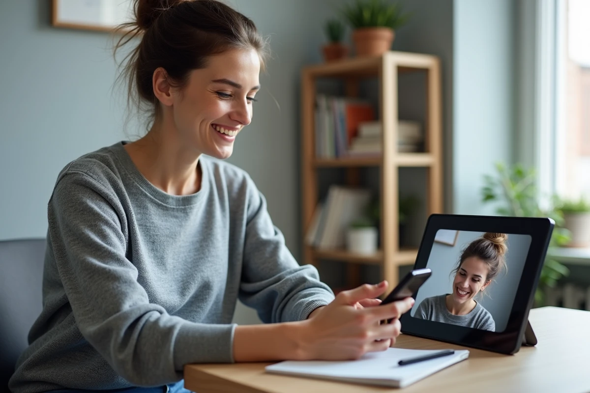 Femme comparant une photo sur smartphone avec un cadre photo numérique noir posé sur un bureau