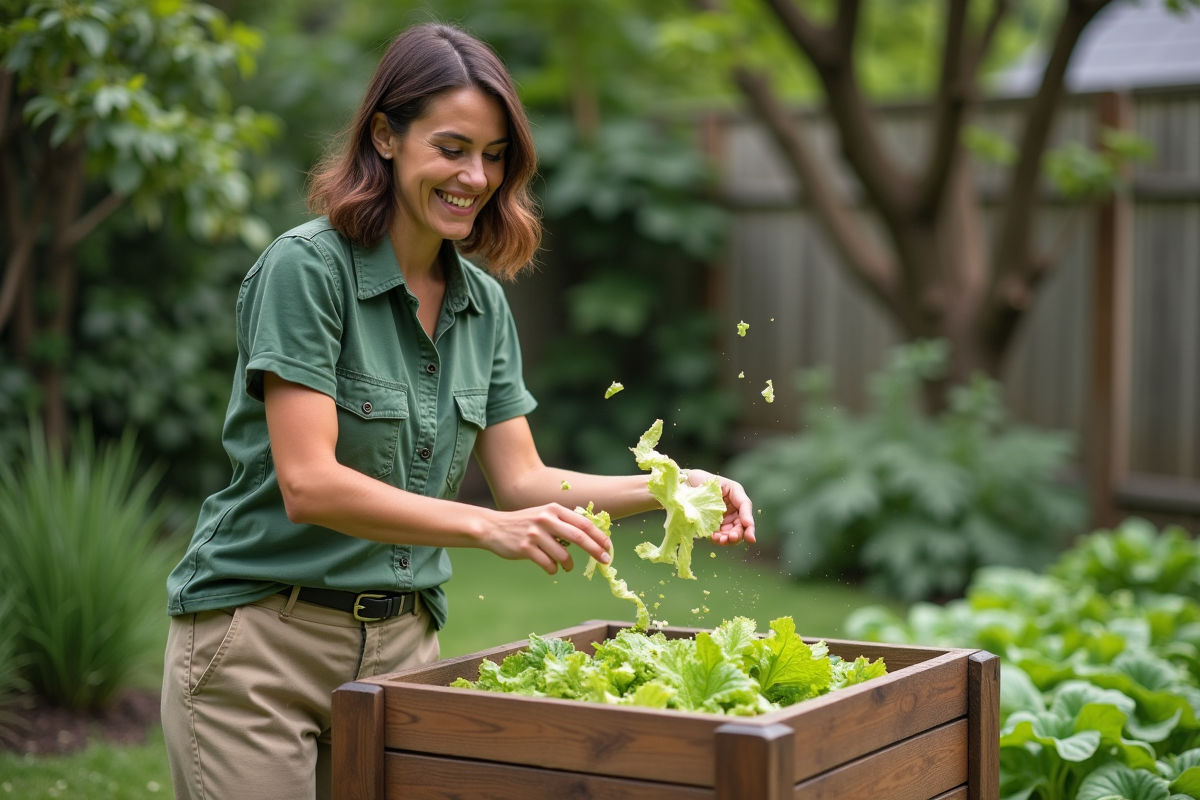 Jeune femme compostant dans son jardin en vert