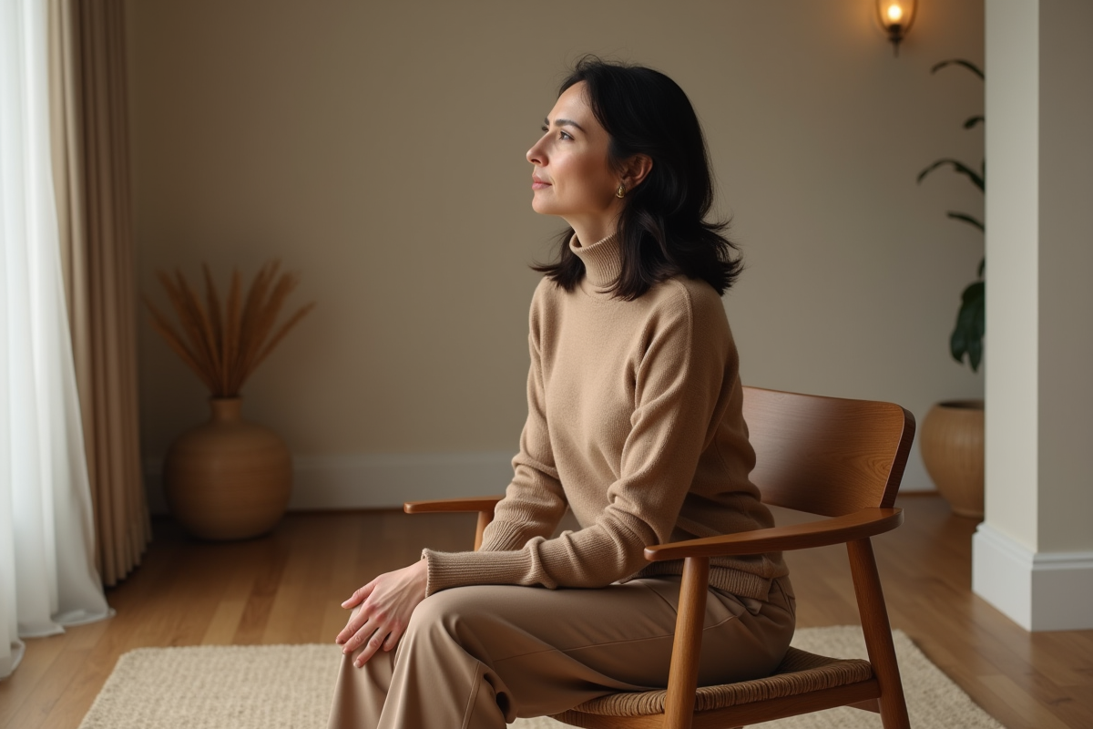 Femme d'âge moyen en posture calme dans un intérieur neutre