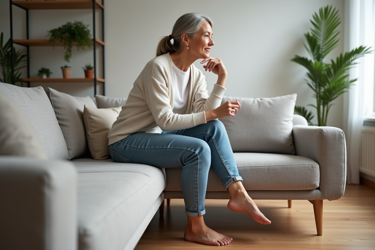 Femme assise sur un canapé moderne dans un salon scandinave