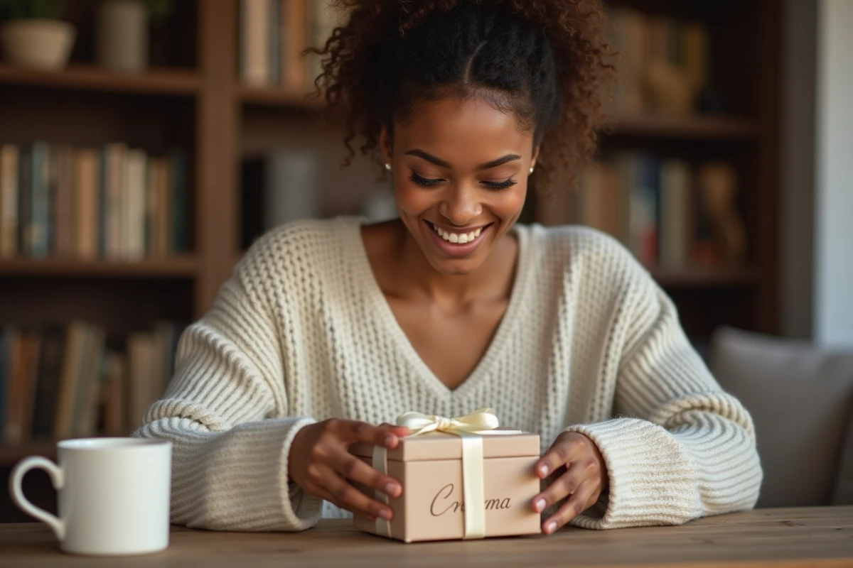 Jeune femme souriante découvrant une boîte à bijoux personnalisée avec son prénom gravé, cadeau original emballé avec un ruban en satin ivoire
