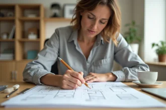 Femme dessinant un plan de dressing sur papier millimétré avec un crayon mécanique à son bureau en bois