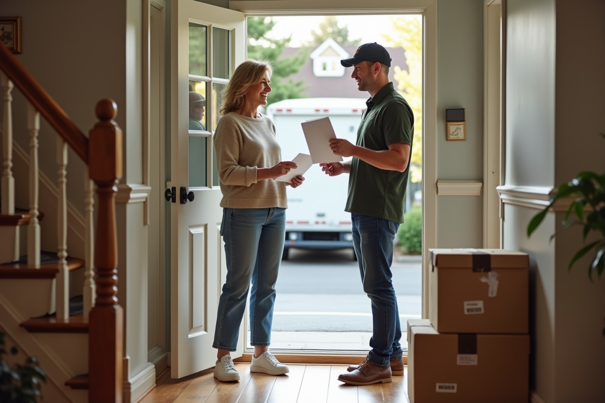 Femme souriante discutant avec un déménageur dans une entrée de maison