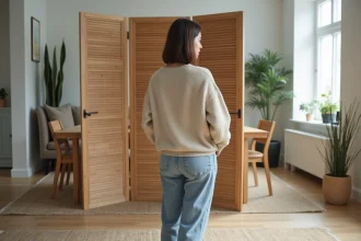 Jeune femme arrange un paravent dans un salon moderne