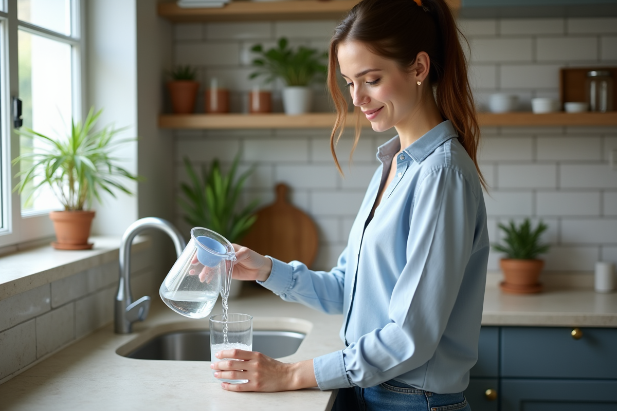 Femme versée de l'eau filtrée dans un verre dans une cuisine moderne