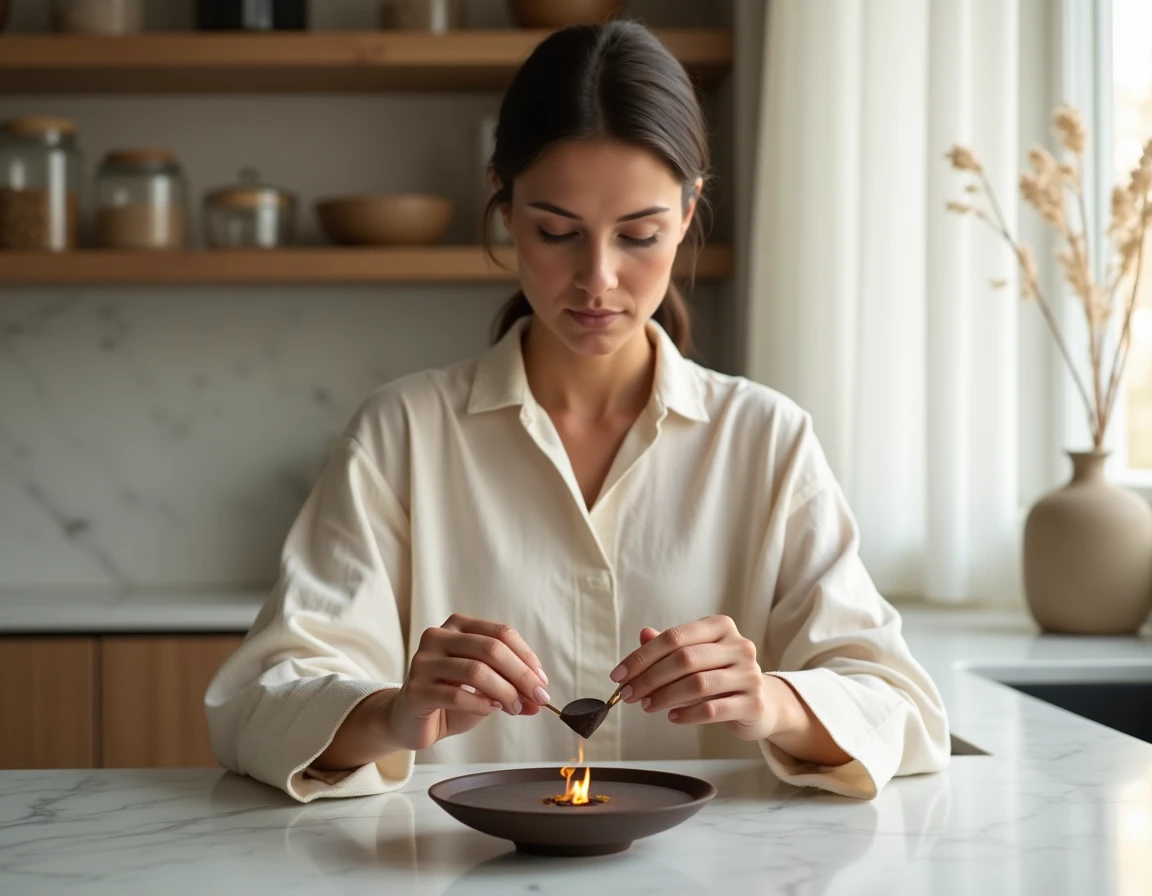 Femme plaçant une résine de bois d'oud sur un charbon dans un porte-encens en céramique sur un comptoir en marbre