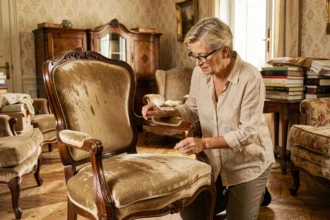 Femme examinant un fauteuil ancien en acajou sculpté lors d'un débarras de maison