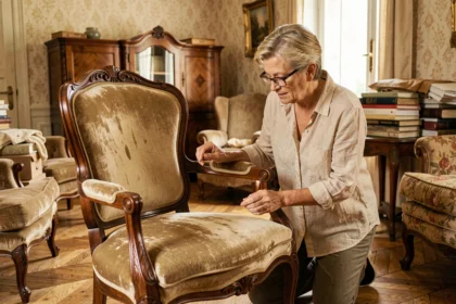 Femme examinant un fauteuil ancien en acajou sculpté lors d'un débarras de maison