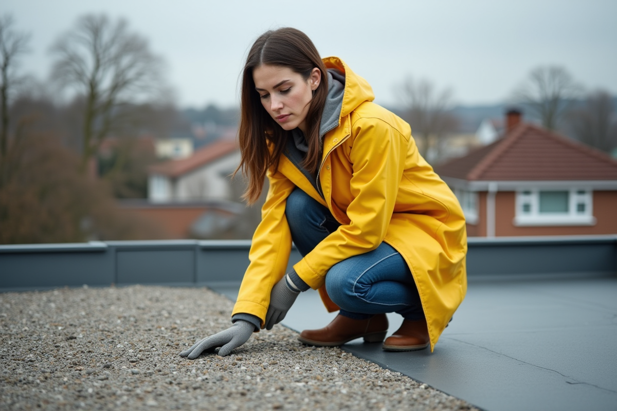 Femme en imperméable jaune inspectant du gravier sur le toit