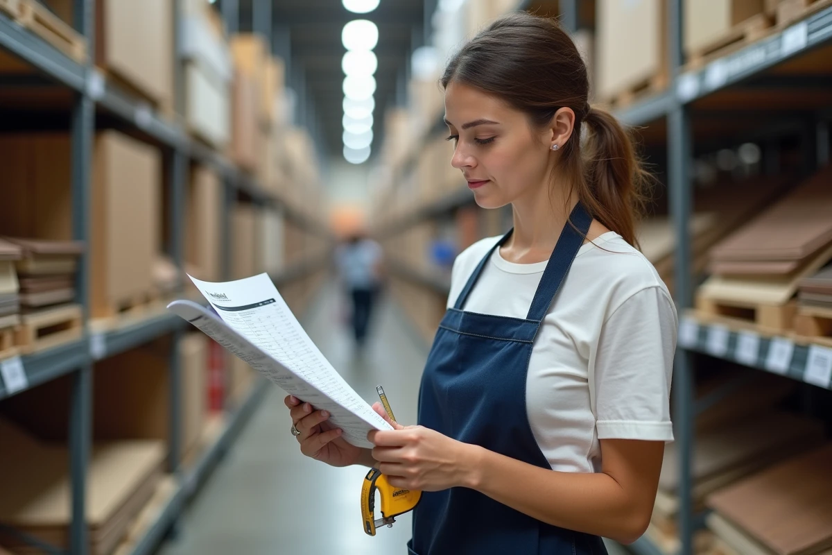 Femme en magasin de bricolage consultant une fiche de conversion mètres linéaires en m2 pour du revêtement de sol