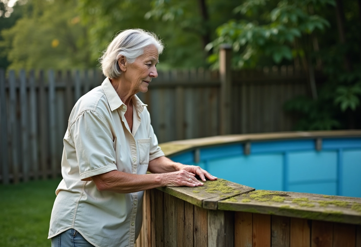 Femme senior examinant le bois de la piscine en plein air