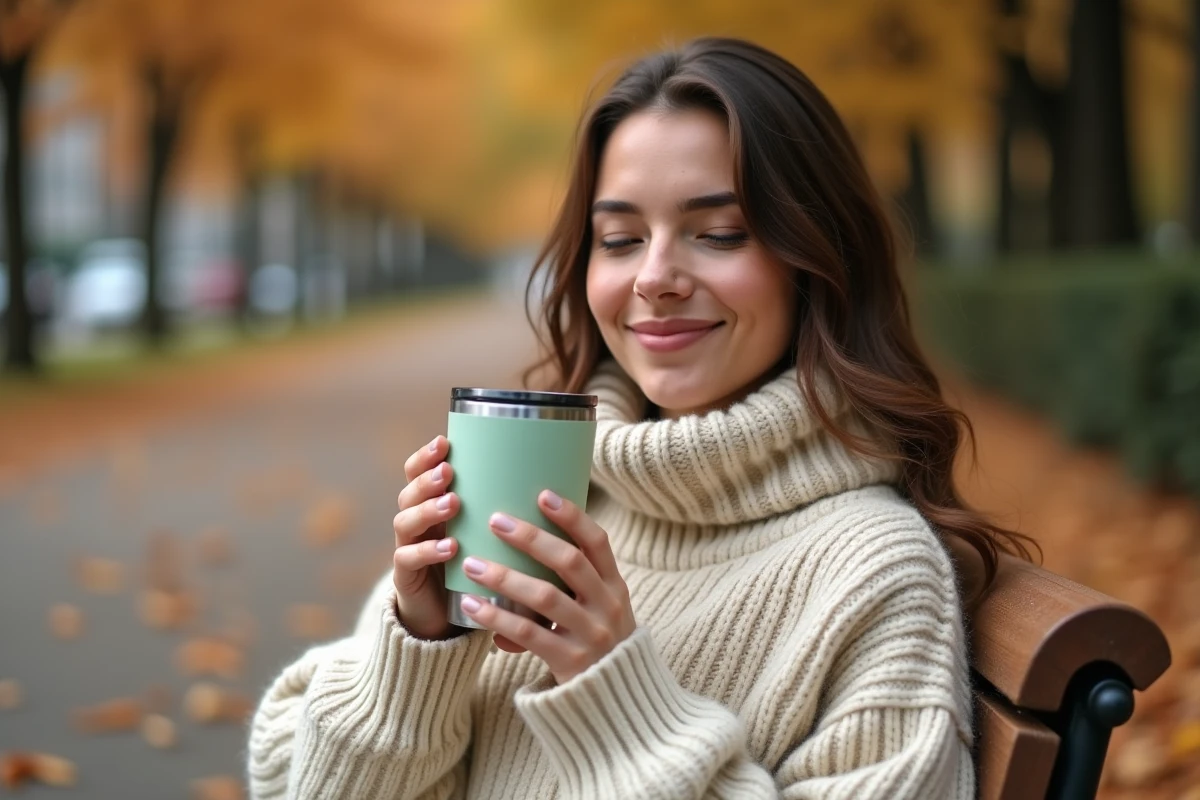 Femme tenant une gourde chauffante verte en plein air dans un parc en automne avec des feuilles tombées
