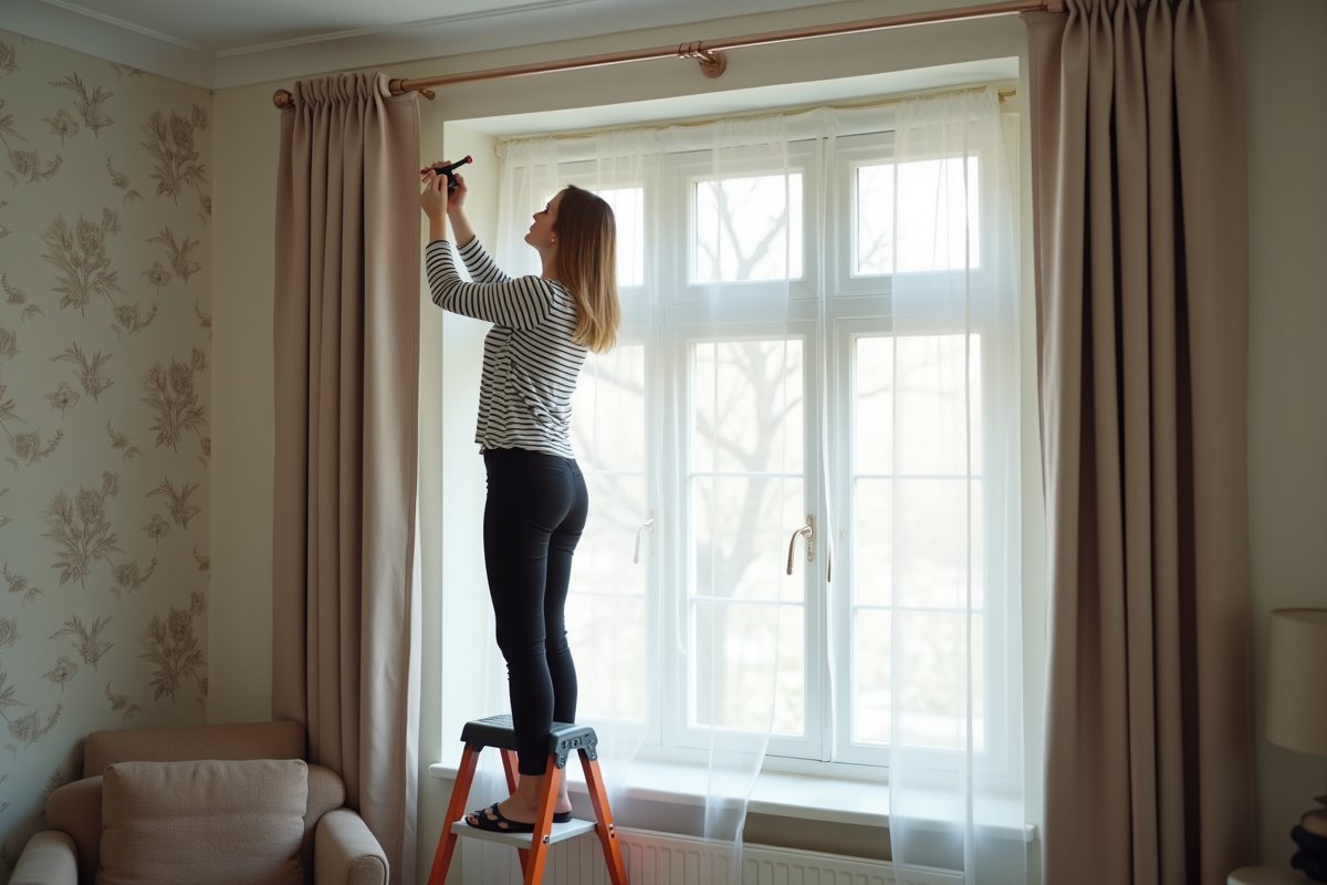 Femme fixant un support de rideau au mur avec échelle