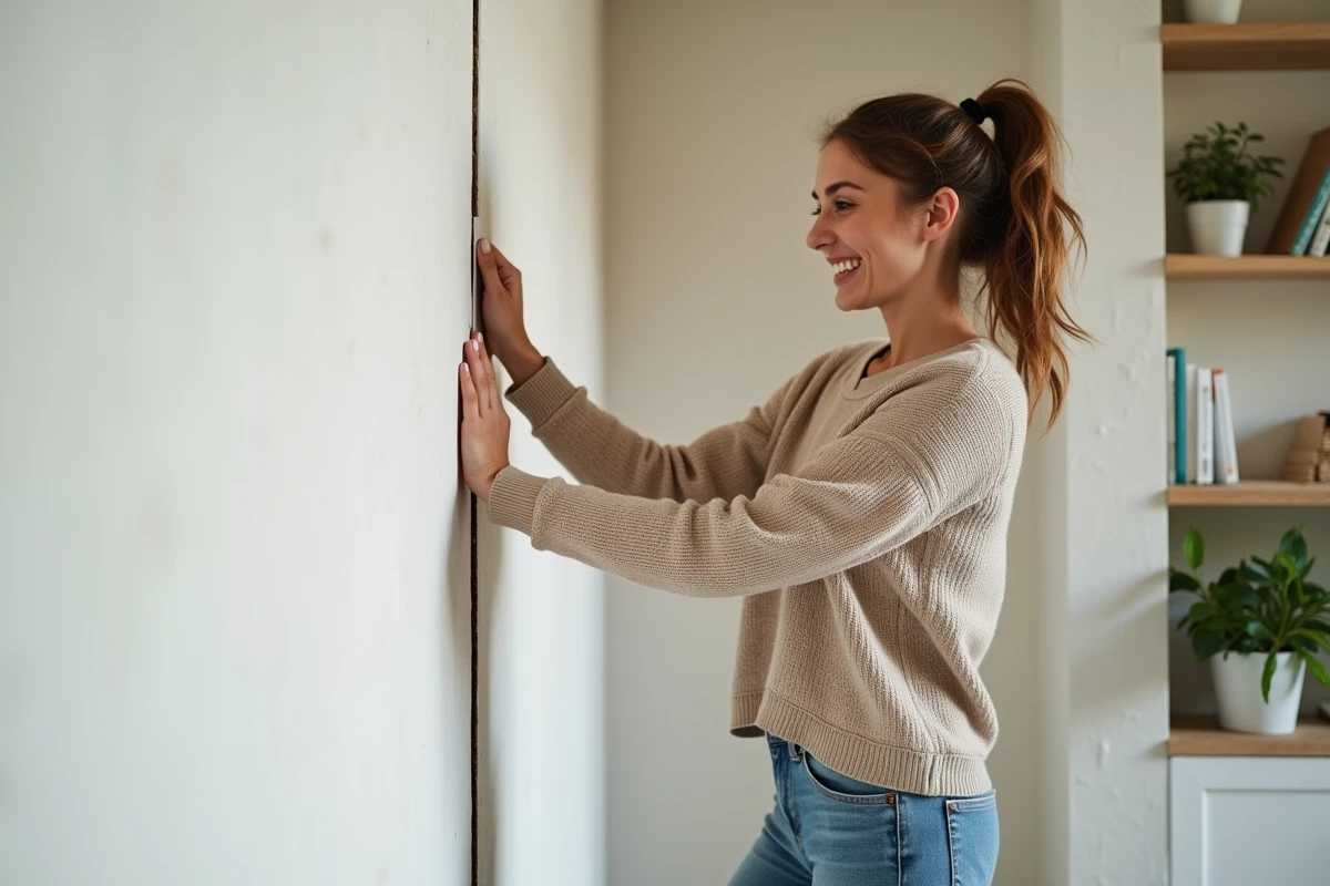 Jeune femme appliquant du ruban isolant sur un mur r&eacute;nov&eacute;
