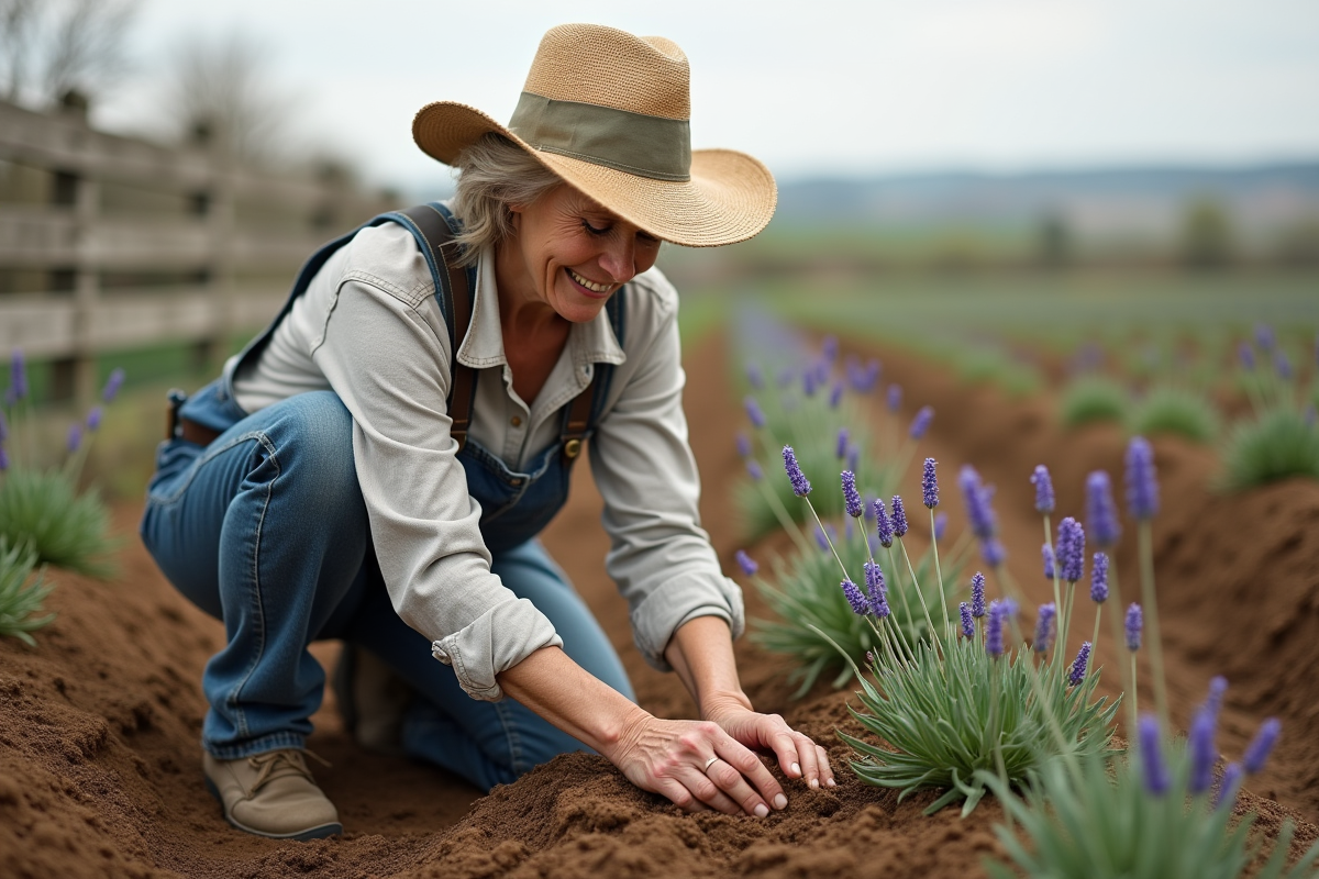 Femme en jardinage plantant de la lavande dans un jardin rural