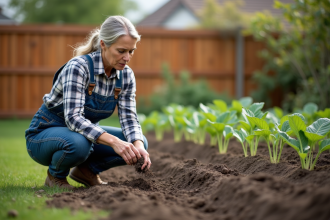 Femme en salopette de jardinage examine la terre