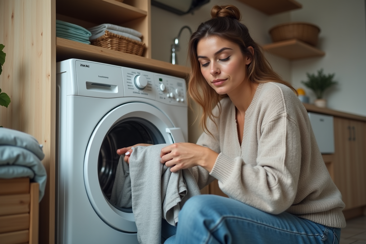 Femme chargeant une machine à laver dans une buanderie moderne