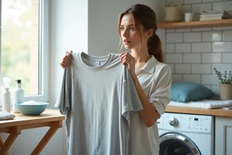 Femme examinant un linge blanc grisé dans une buanderie moderne avec des produits de soin textile sur la table