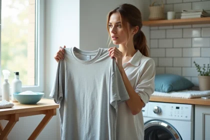 Femme examinant un linge blanc gris&eacute; dans une buanderie moderne avec des produits de soin textile sur la table