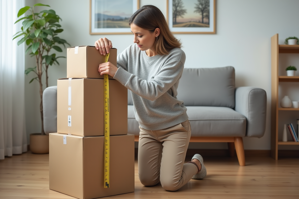 Femme mesurant des cartons de demenagement dans un salon moderne