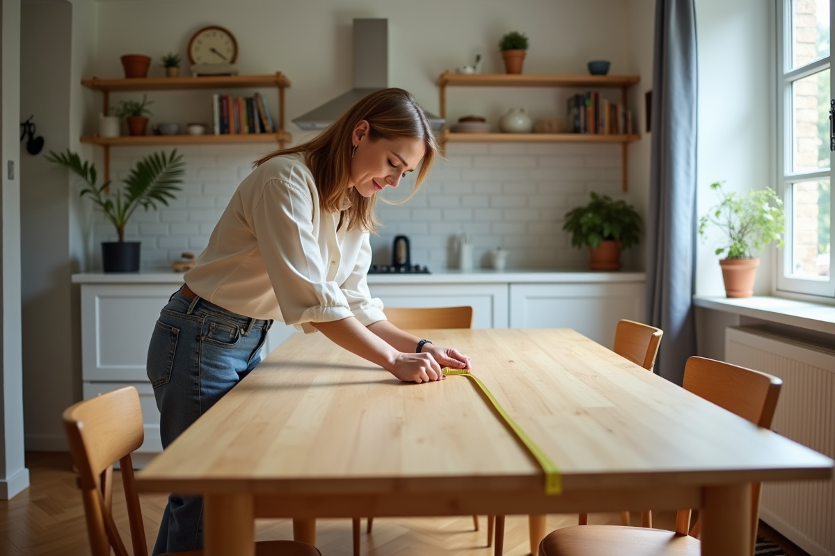 Femme mesurant la largeur d'une table à manger moderne